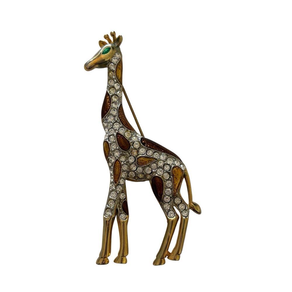 Giraffe Brooch Pin Clear Rhinestone and Black Enamel 3'' Long Vintage